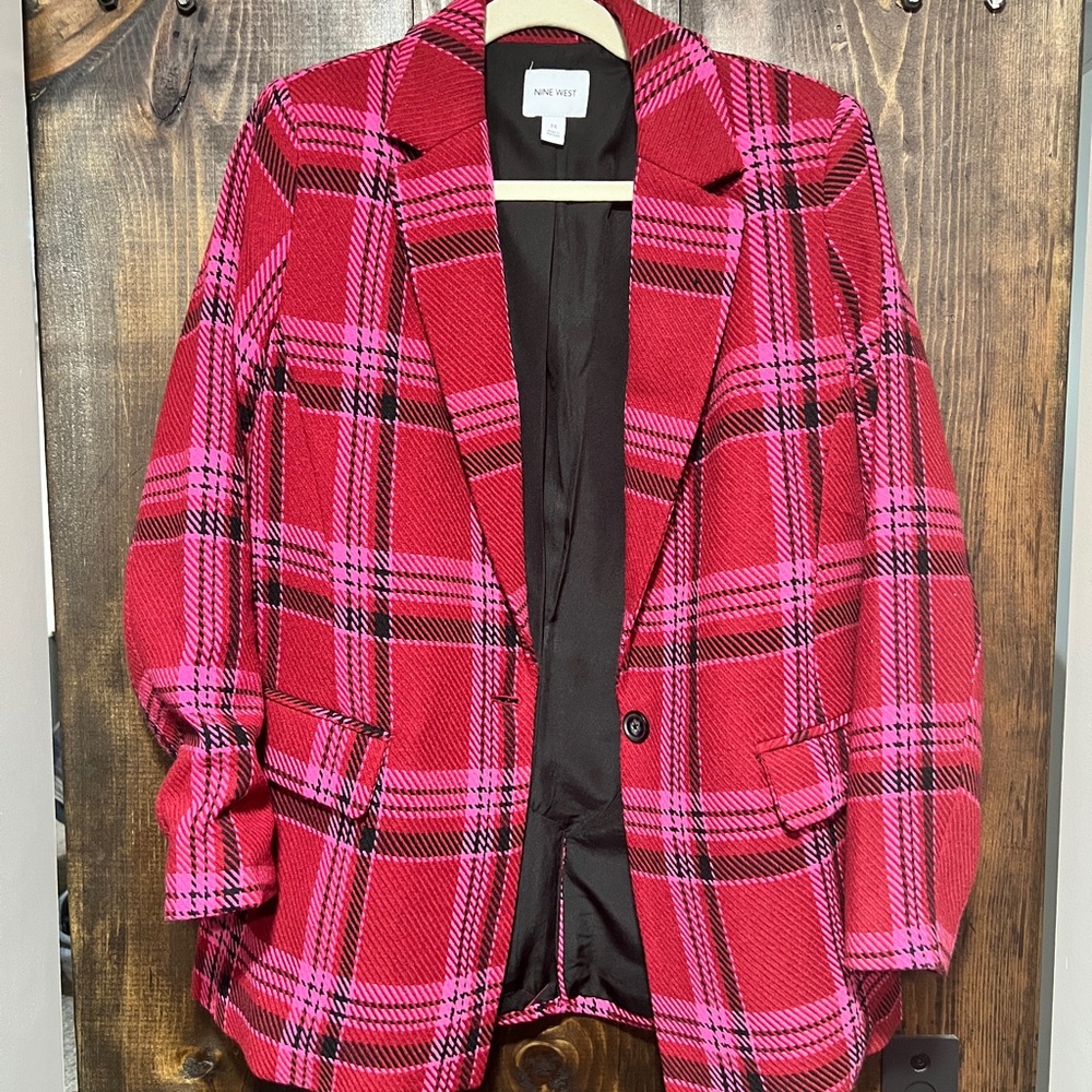 Nine West Red and Pink Plaid Blazer